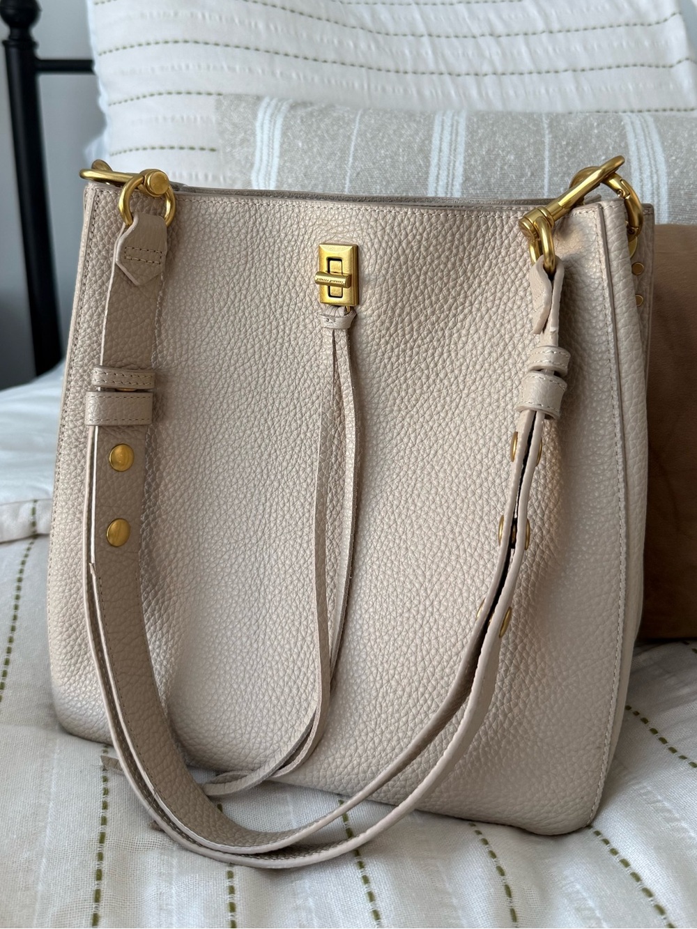 Rebecca Minkoff Darren Leather Shoulder Bag Stone Gold Turnlock